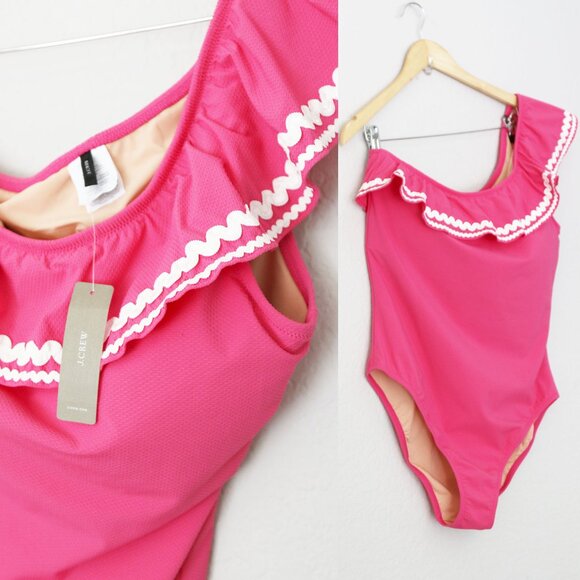 NEW J. Crew Barbie Pink Ruffled One Shoulder One Piece Swimsuit Size 14 $149 NWT - Picture 10 of 16